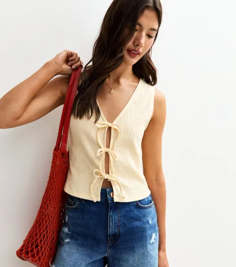 Women's Light Yellow Crinkle Texture Tie Front Vest Top