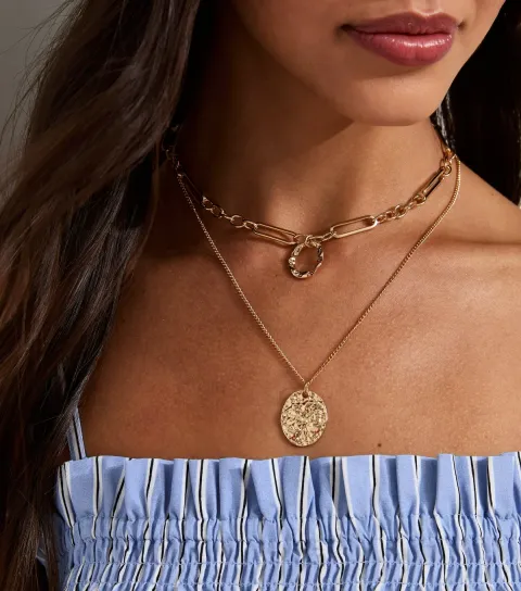 Gold Tone 2 Layer Textured Coin Pendant Necklace