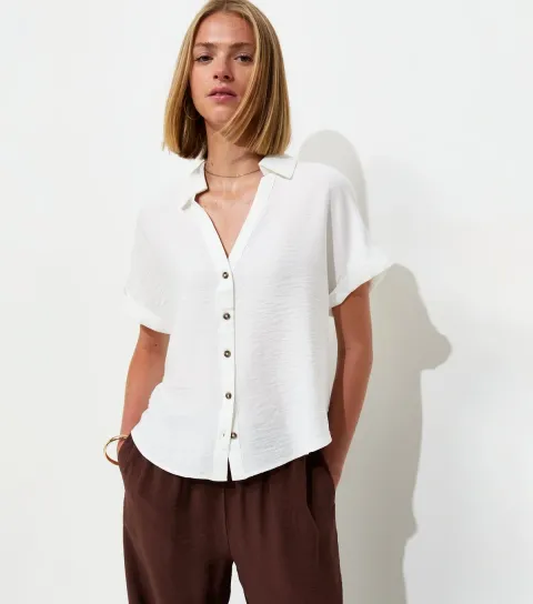 Women's White Collared V Neck Short Shirt