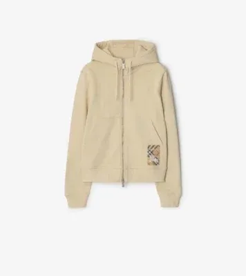 Check Label Cotton Zip Hoodie in Nutmeg beige