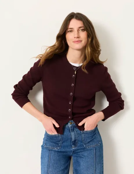 FatFace Cotton Blend Ribbed Button Front Cardigan Burgundy