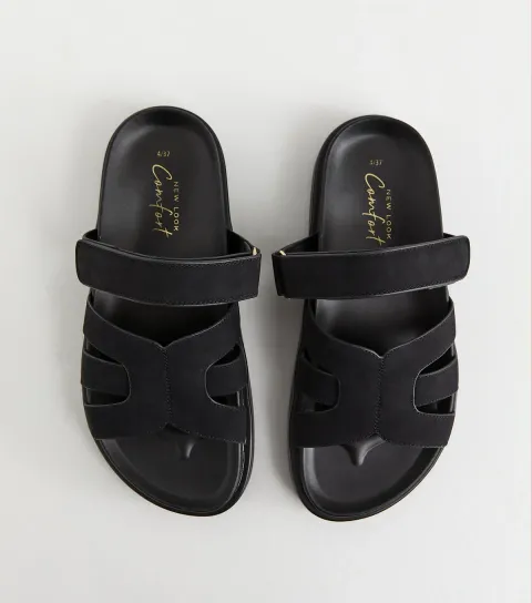 Women's Black Faux Suede Chunky Interwoven Strap Flat Sandals Vegan