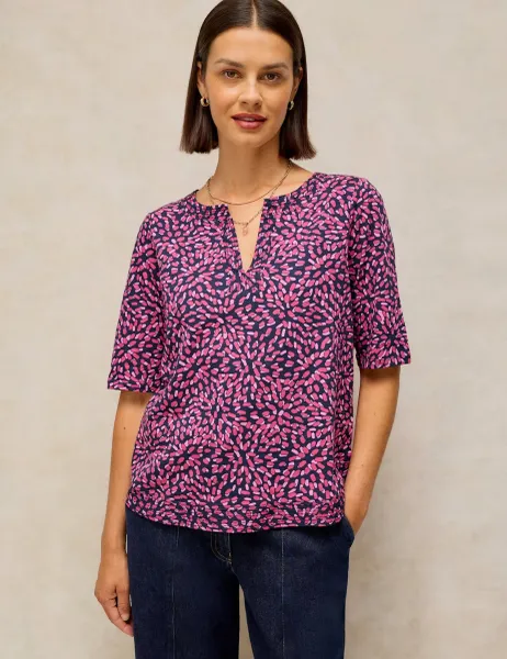 White Stuff Pure Cotton Printed Notch Neck T-Shirt Pink Mix