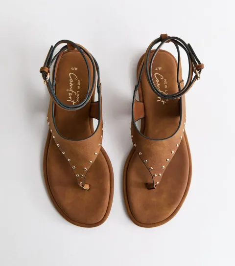 Women's Tan Faux Suede Studded Toe Post Flat Sandals Vegan