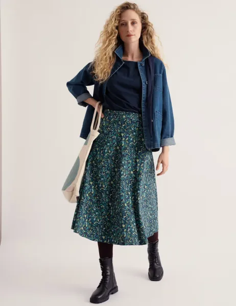 Seasalt Cornwall Cotton Rich Floral Midi A-Line Skirt Multi