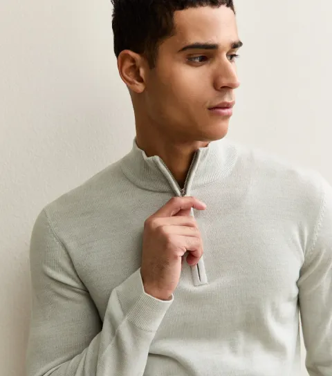 Men's Grey Marl Regular Quarter Zip Long Sleeve Jumper