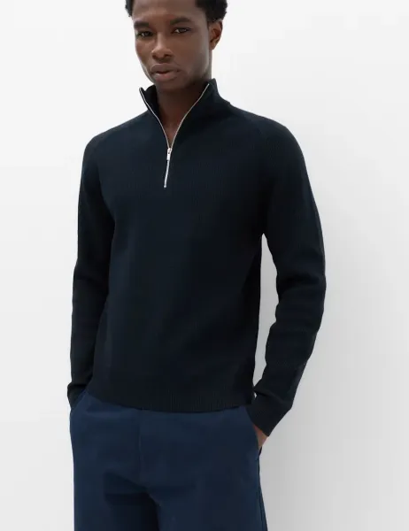 Marks & Spencer Cotton Blend Ribbed Half Zip Jumper Navy