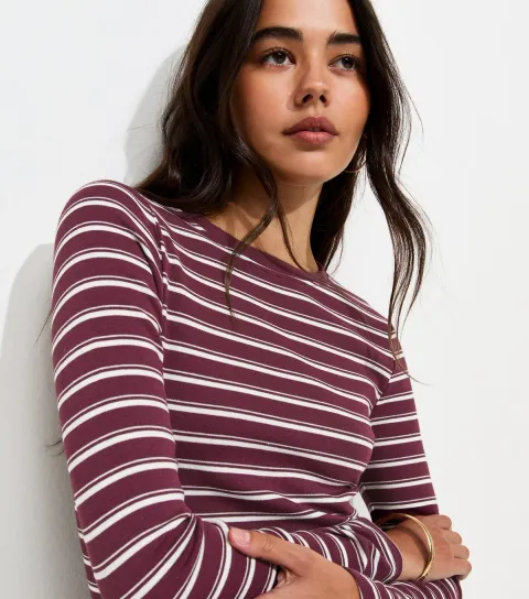 Women's Red Cotton Rich Striped Long Sleeve Baby Tee Top