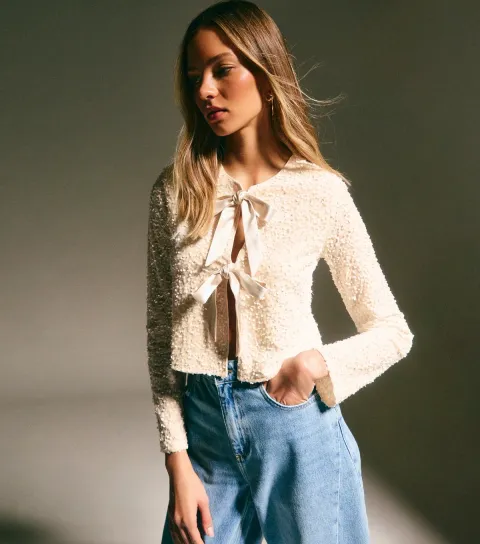 Women's Cream Velvet Sequin Embellished Tie Front Cardigan