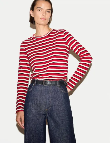 Jigsaw Pure Cotton Striped Regular Fit T-Shirt Red Mix