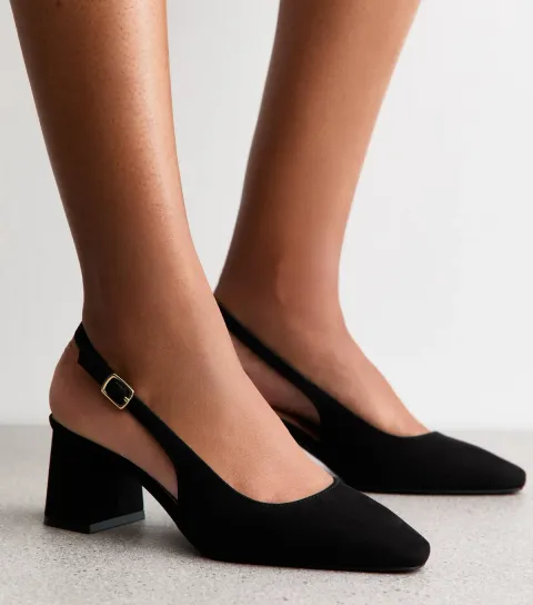 Women's Black Faux Suede Block Heel Slingback Sandals Vegan