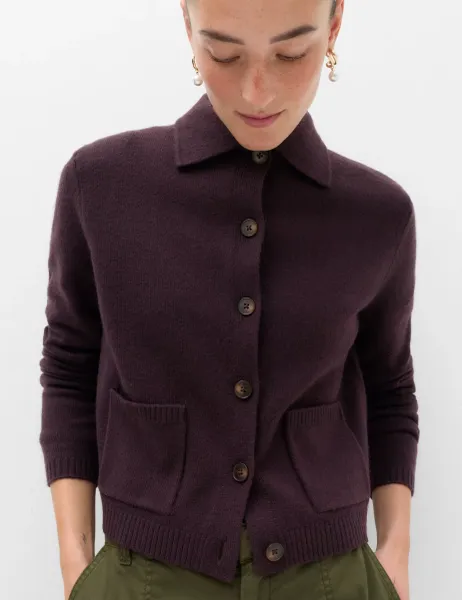 Marks & Spencer Air-Yarn Collared Relaxed Cropped Cardigan Dark Aubergine
