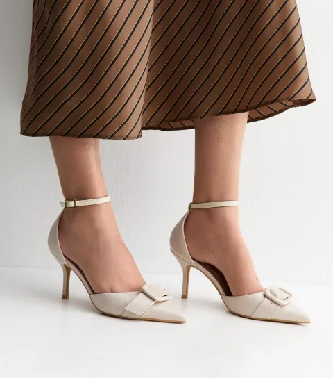 Women's Off White Faux Patent Leather Buckle Strap Open Court Shoes Vegan
