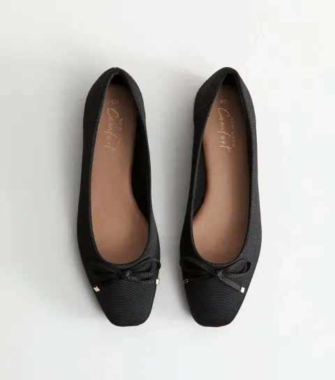 Women's Black Grosgrain Bow Embellished Ballerina Flats
