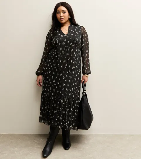Women's Plus Size Black Ditsy Chiffon Midi Dress Curves