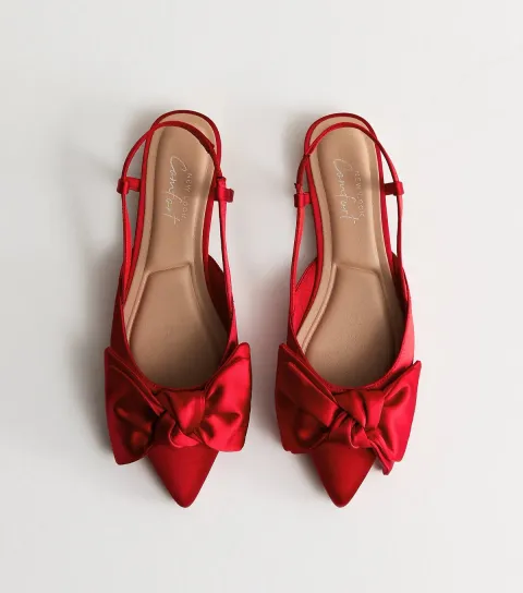Women's Red Satin Bow Slingback Ballerina Pumps