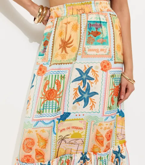 Women's Multicoloured Patchwork Print Tiered Midi Skirt