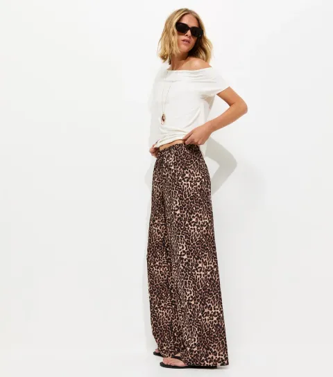Women's Brown Crepe Leopard Print Wide Leg Trousers