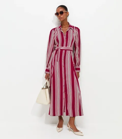 Women's Red Striped Midi Shirt Dress