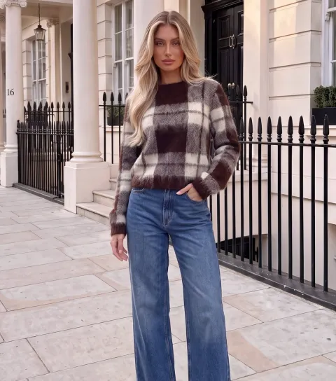 AX Paris Women's Brown Checked Brushed Knit Jumper