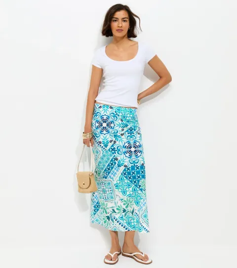 Women's Blue Tile Print Bias Cut Midi Skirt