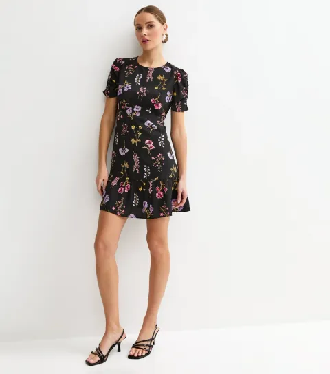 Women's Black Floral Ruched Sleeve Mini Dress