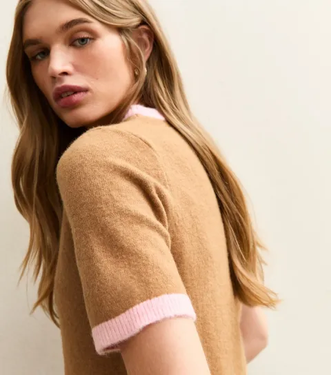 Women's Camel and Pink Knit Contrast Rib T-Shirt