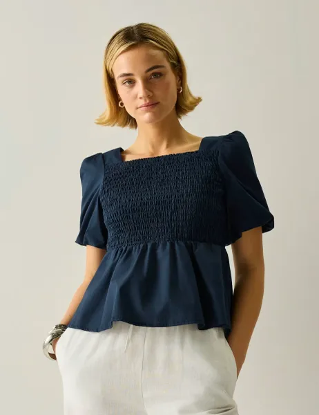 Regatta Diani Pure Cotton Shirred Peplum Top Navy