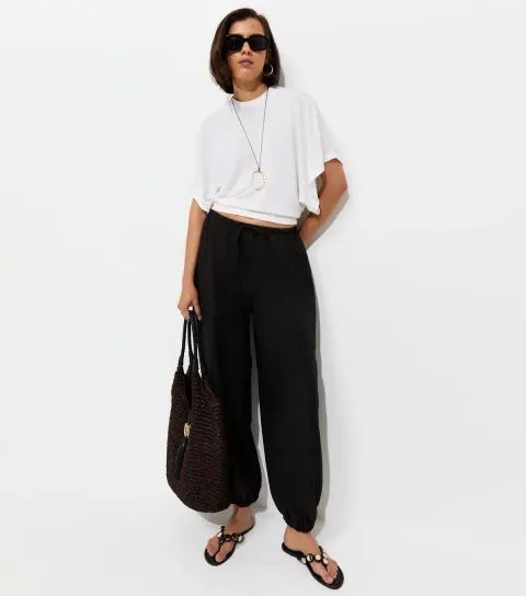 Women's Black Drawstring Cuffed Trousers