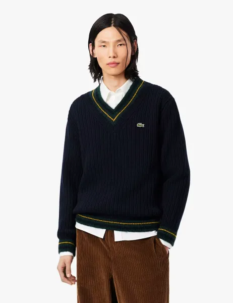 Lacoste Pure Wool V-Neck Jumper Navy