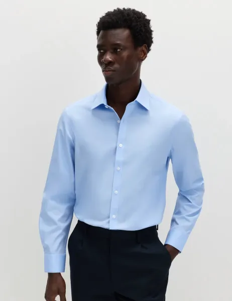 Marks & Spencer Slim Fit Easy Iron Cotton Blend Shirt Mid Blue