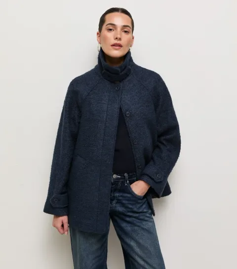 Women's Navy Felt Raglan Sleeve Funnel Neck Coat