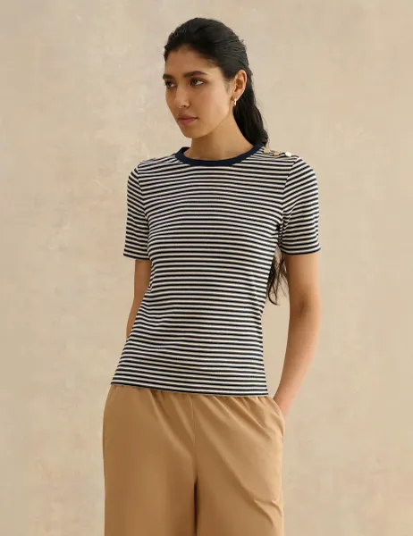 Hobbs Sparkle Striped Button Detail T-Shirt Blue Mix