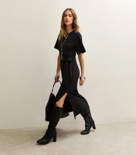 New Look Women's Black Jersey Tie Waist Midi Dress