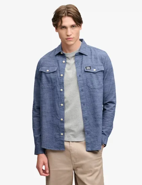 Superdry & Co Relaxed Fit Pure Cotton Herringbone Shirt Blue