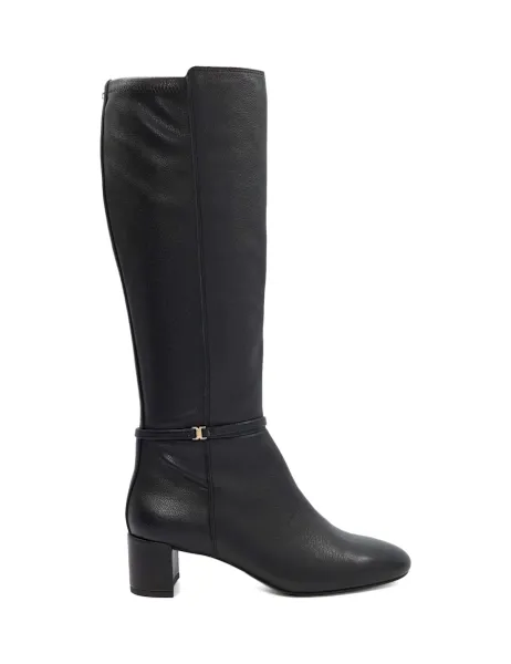 Leather Block Heel Knee High Boots Black