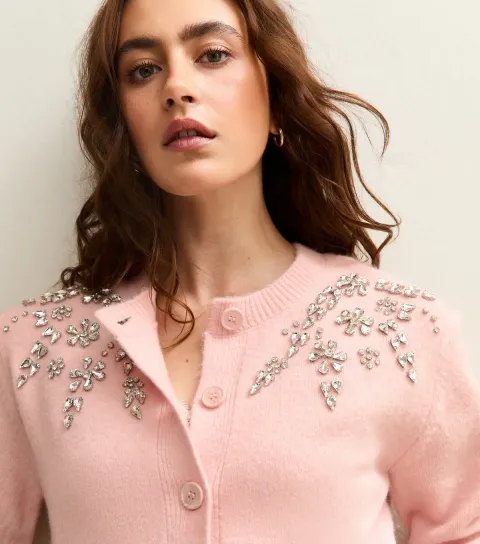 Women's Pink Diamante Floral Embellished Crew Neck Cardigan