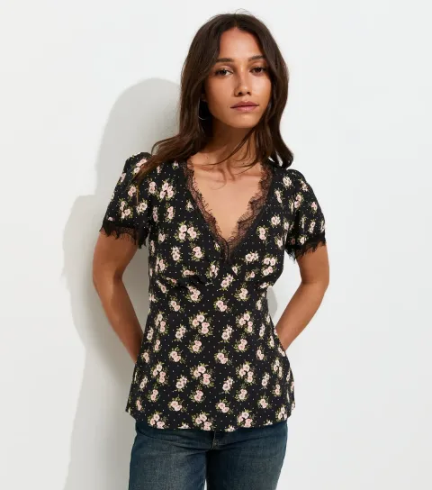 Women's Black Ditsy Floral Lace Trim Tea Blouse