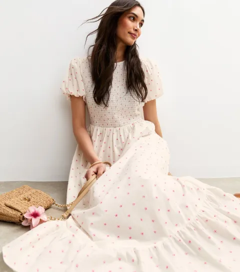 Women's White Floral Print Puff Sleeve Midi Dress