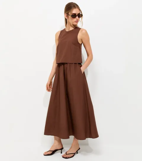 Women's Dark Brown Cotton Layered 2-in-1 Sleeveless Midi Dress
