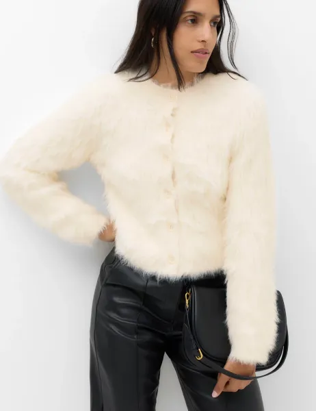 Marks & Spencer Textured Button Front Slim Cropped Cardigan Light Beige
