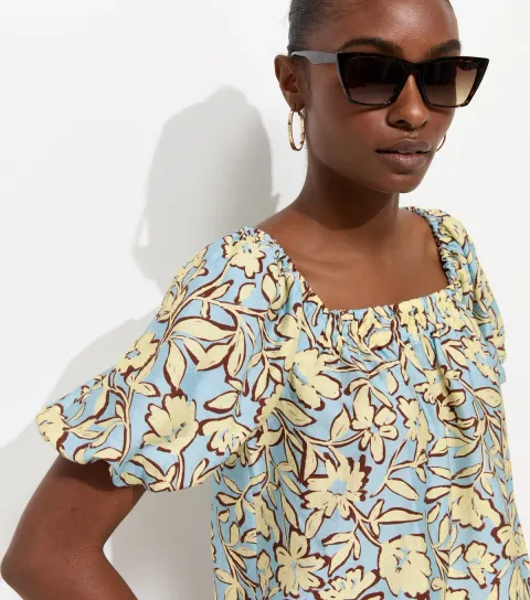 Women's Blue Floral Print Square Neck Blouse