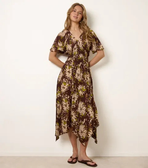 Women's Dark Brown Shirred Waist Handkerchief Hem Midi Dress