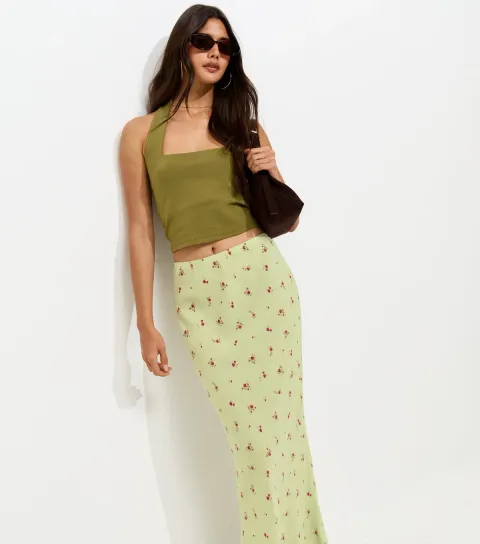 Women's Green Floral Ditsy Print Bias Cut Midi Skirt