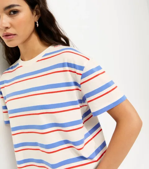 Women's Blue Cotton Boxy Striped T-Shirt