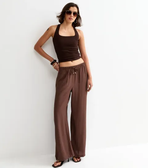 Women's Dark Brown Crinkle Wide Leg Trousers