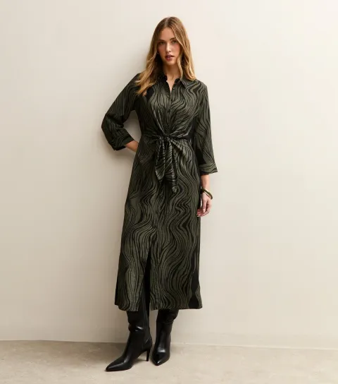 Women's Green Abstract Pattern Midi Shirt Dress
