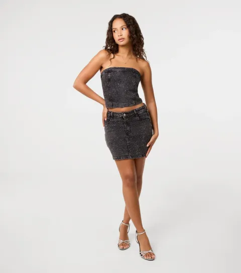 Women's Black Rhinestone Embellished Denim Skirt