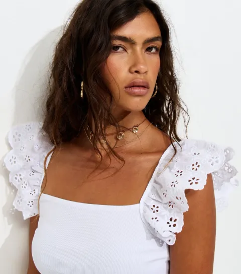 Women's White Ribbed Jersey Broderie Sleeve Vest Top