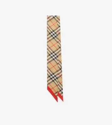 Skinny Contrast Check Silk Scarf in Sand beige/pebble white